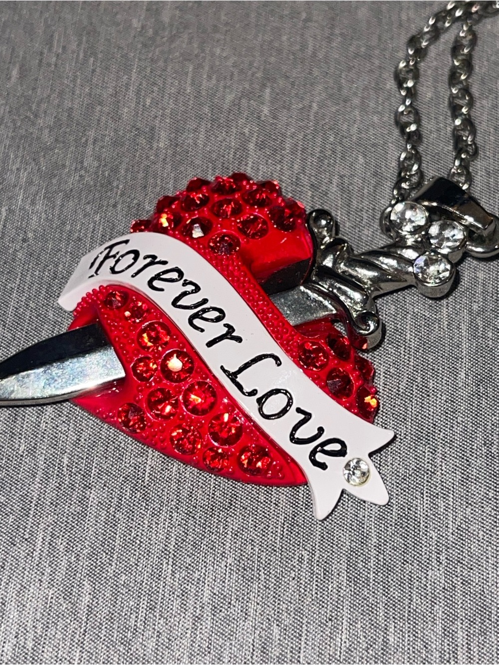 Forever Love Dagger Rhinestone heart necklace Y2k McBling Kustom Hot Rod Style
